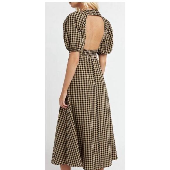 EUC DISSH Elm Chocolate Gingham Midi Dress Puff Sleeve Open Back Cotton Size 4 - Picture 2 of 16